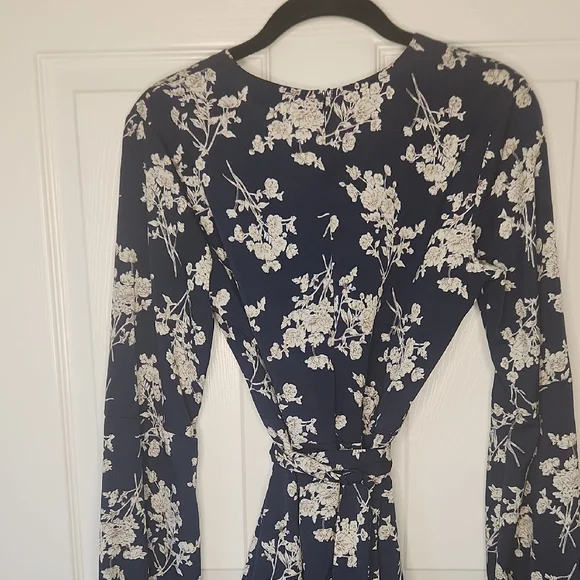 Navy Dark Blue Floral Flirty Faux Wrap Fabric Belt Long Sleeve Dress Size M - Picture 8 of 11